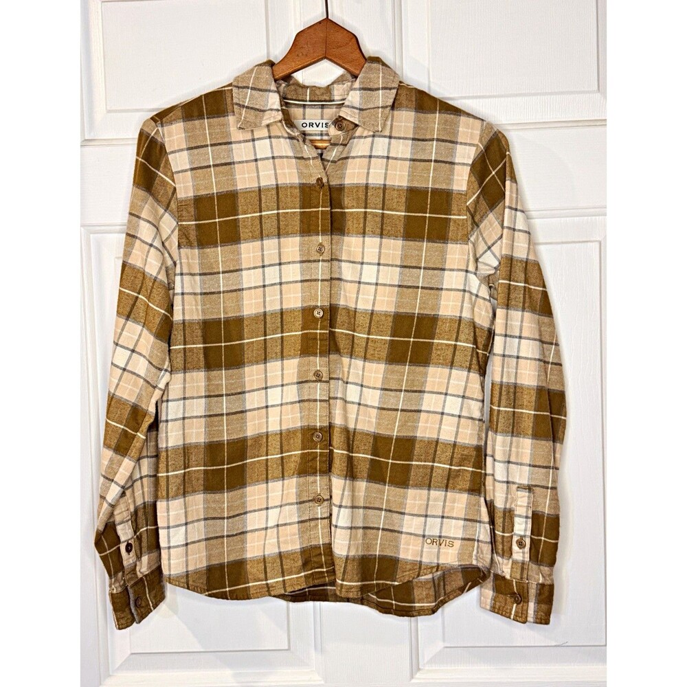 Orvis Women’s XS Brown/Beige/White Plaid Stretch Point Collar Button-Up Shirt